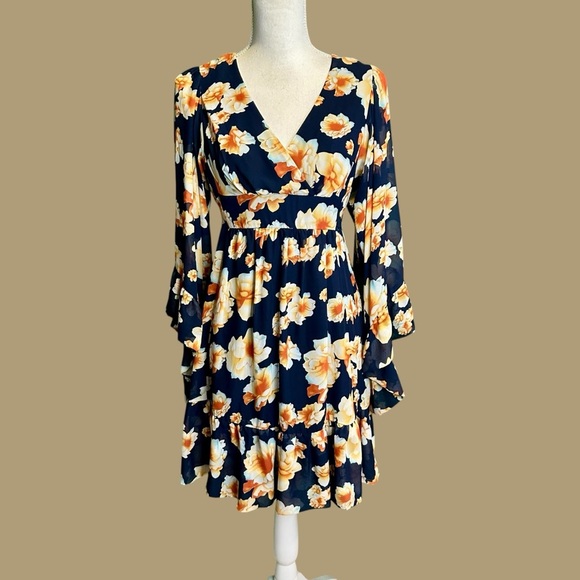 Betsey Johnson ‘Bambi’ Ruffled Tie Back Mini Dress in Navy Blue & Orange Floral - Picture 1 of 13